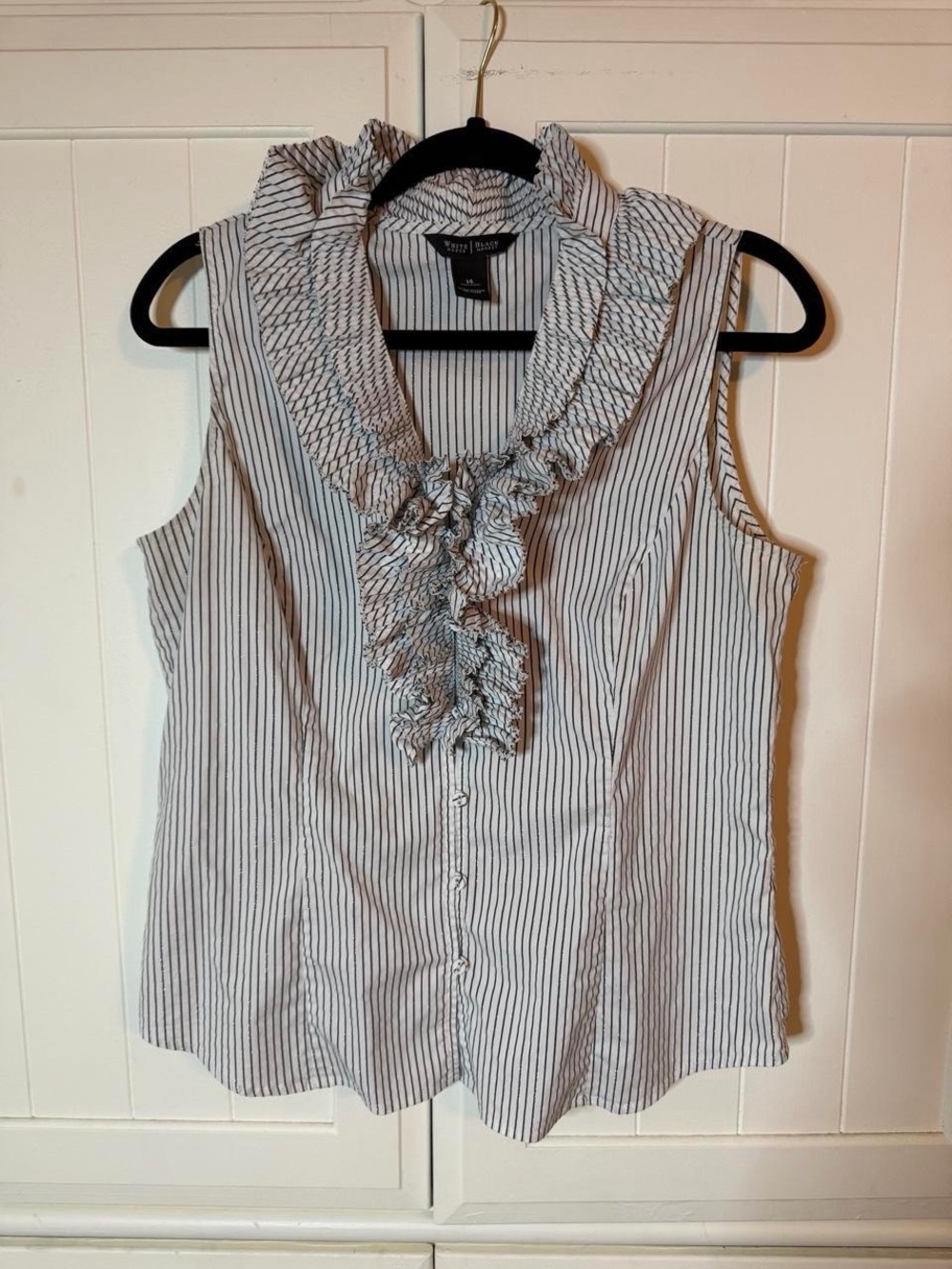 White House Black Market Black and White Ruffled Sleeveless Blouse